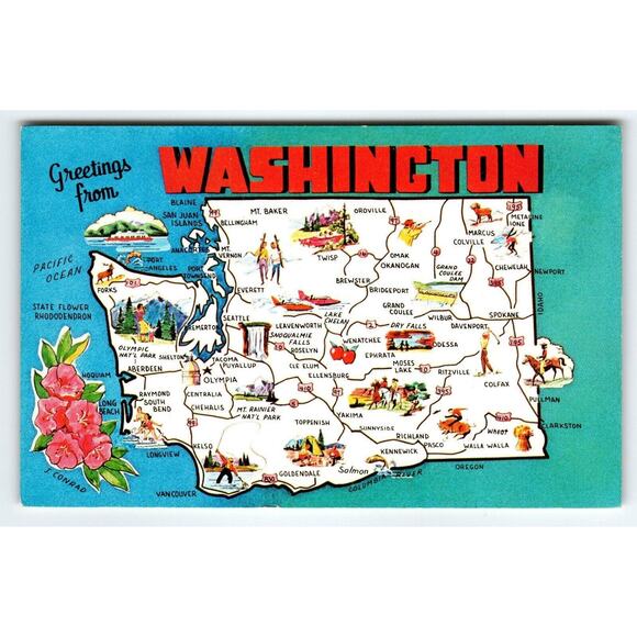 Postcard Greetings From Washington State Map Postcard Ellis Vintage Chrome - Picture 1 of 2